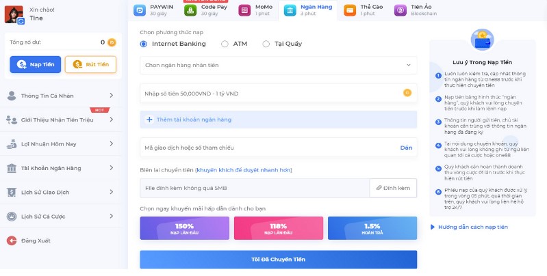 Hướng dẫn nạp và rút tiền tại nhà cái ONE88